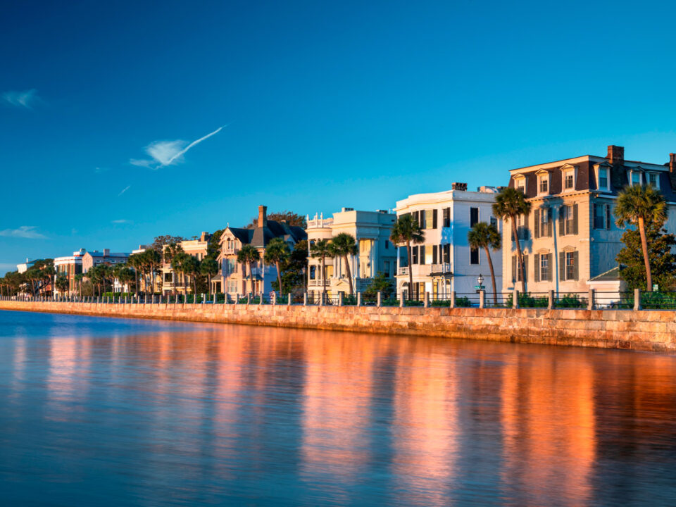 Historic waterfront homes along the Battery in Charleston, SC at sunset